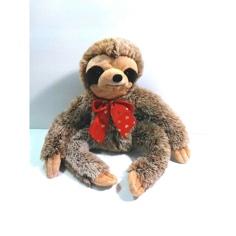 Dan Dee Plush Brown Sloth Red Gold Hearts Ribbon Bow Stuffed Animal 13"